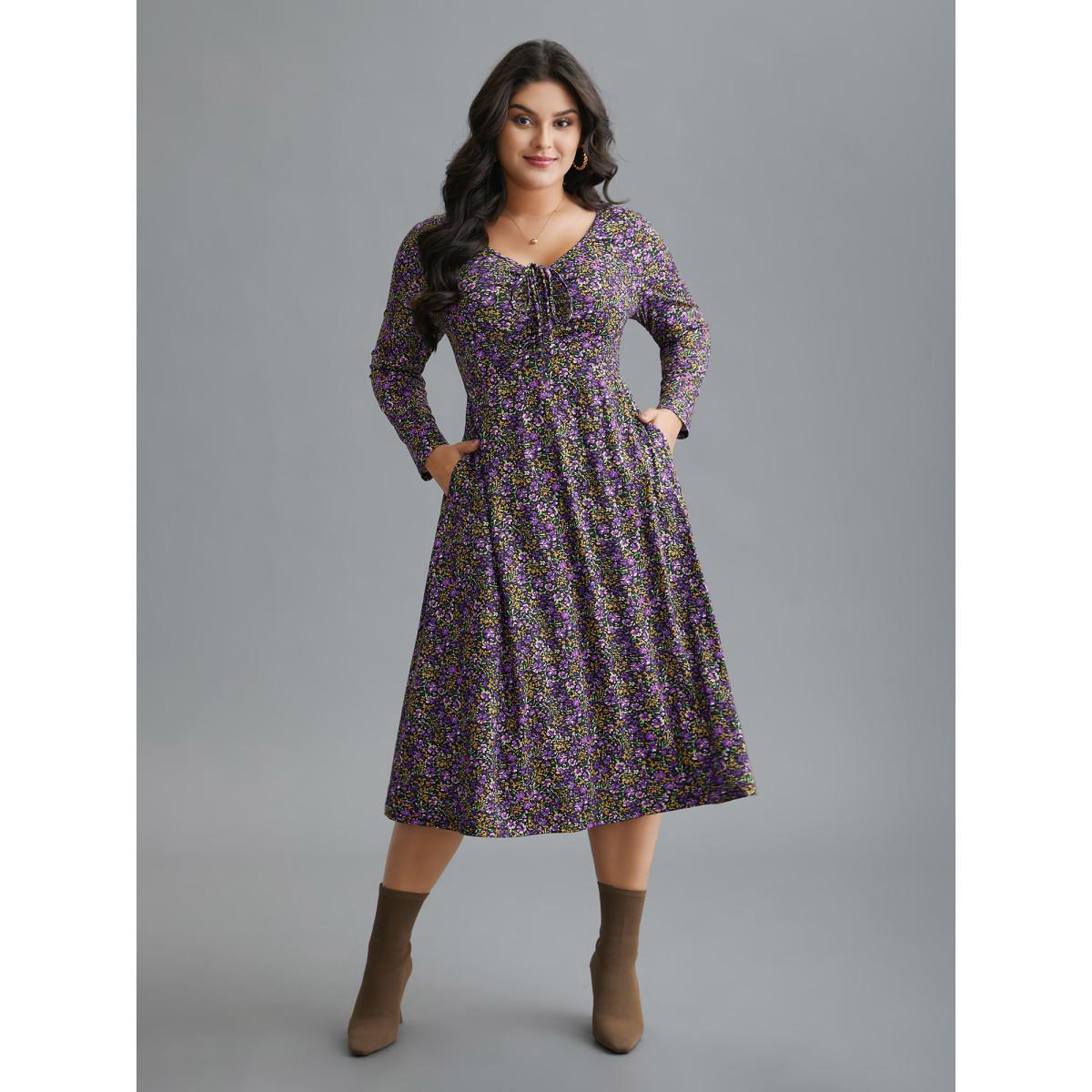 Plus Size Ditsy Floral Drawstring Midi Dress Deeppurple Women Casual Drawstring Knit Dresses Bloomchic 30/6X Product Image