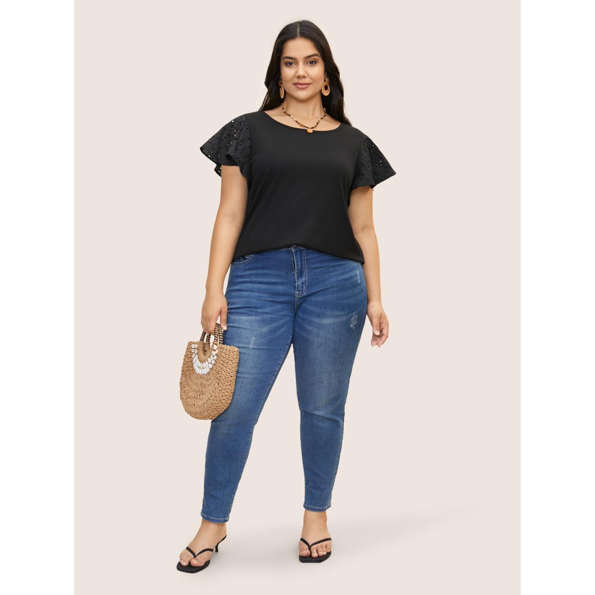 Plus Size Solid Broderie Anglaise Ruffle Cap Sleeve T-shirt Black Women Resort Cut-Out Round Neck Vacation T-shirts BloomChic 10/M Product Image