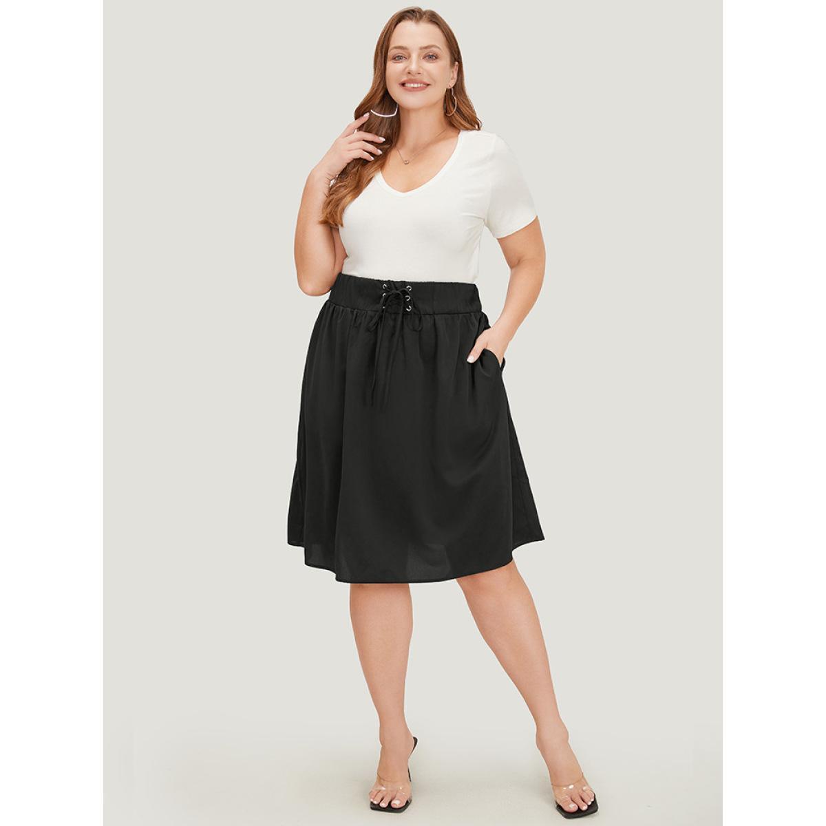 Plus Size Plain Pocket Lace Up Skirt Women Black Casual Plain No stretch Dailywear Skirts BloomChic 30/6X Product Image