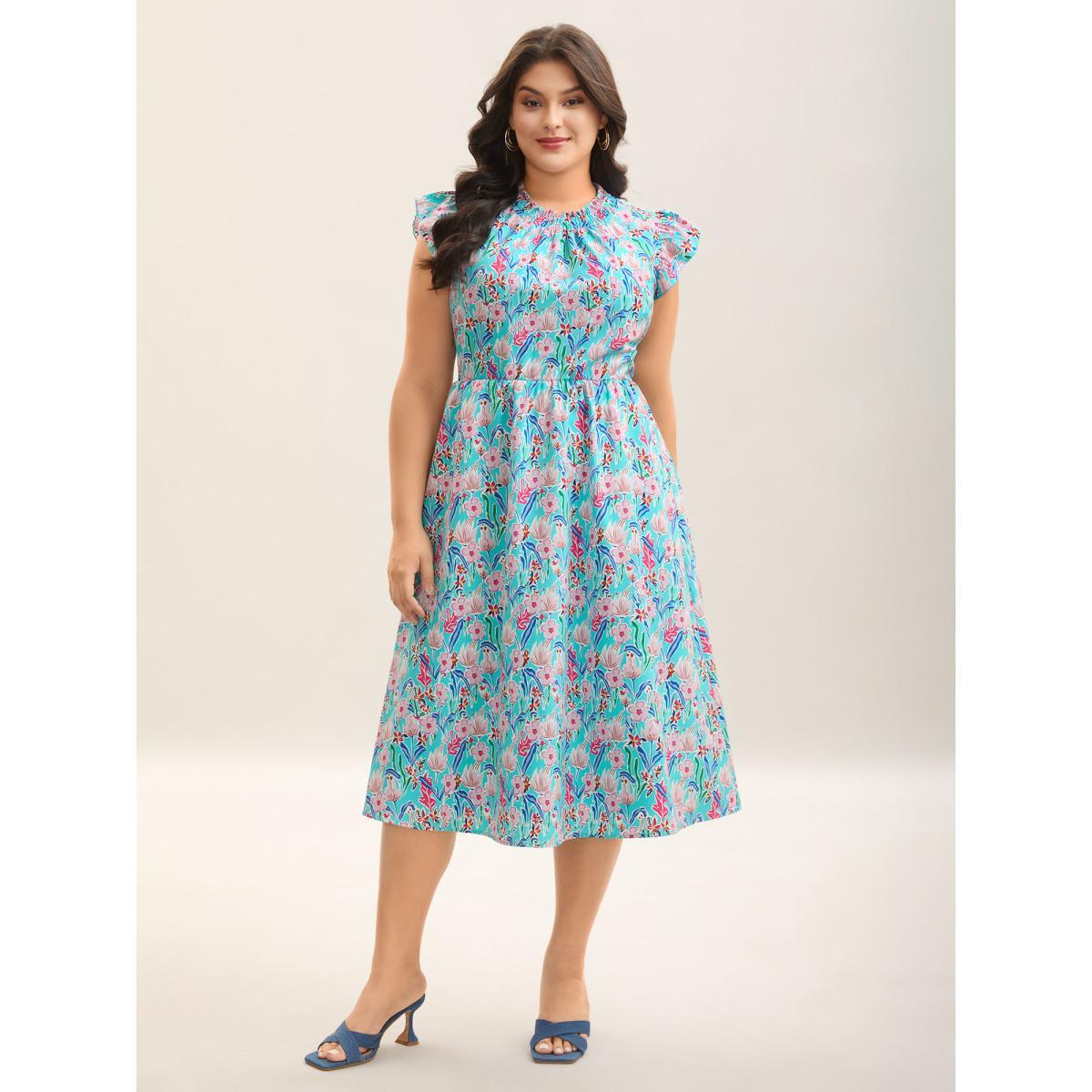 Plus Size Floral Print Shirred Pockets Midi Dress Arctic Women Elegant Frill Trim Mock Neck Cap Sleeve Curvy BloomChic 22-24/3X Product Image