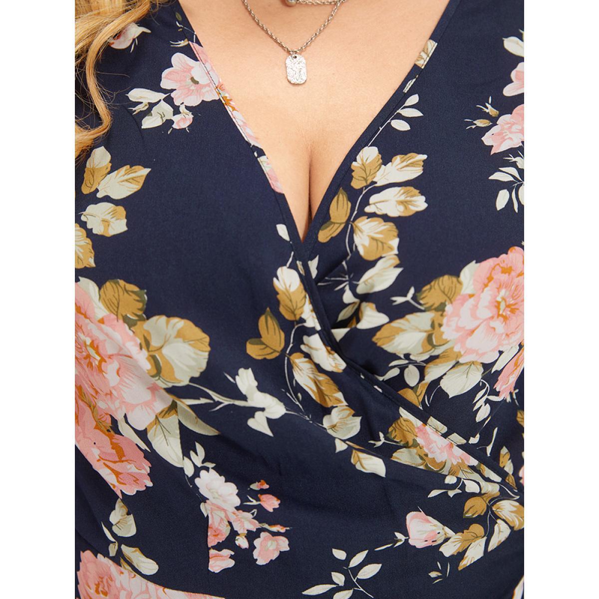 Plus Size Floral Print Pocket Knot Ruffle Sleeve Wrap Dress DarkBlue Women Elegant Wrap V-neck Half Sleeve Curvy Knee Dress BloomChic 28/5X Product Image