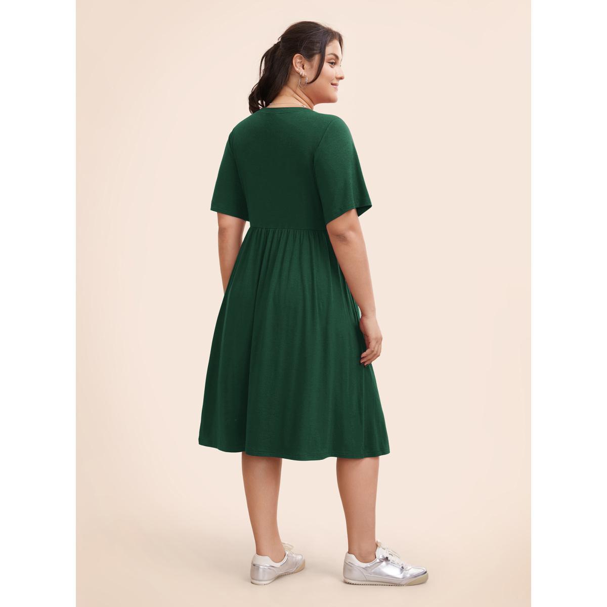 Plus Size Supersoft Essentials Solid Pleated Round Neck Midi Dress Burgundy Women Casual Plain Round Neck Short sleeve Curvy Midi Dress BloomChic 26/4X Product Image