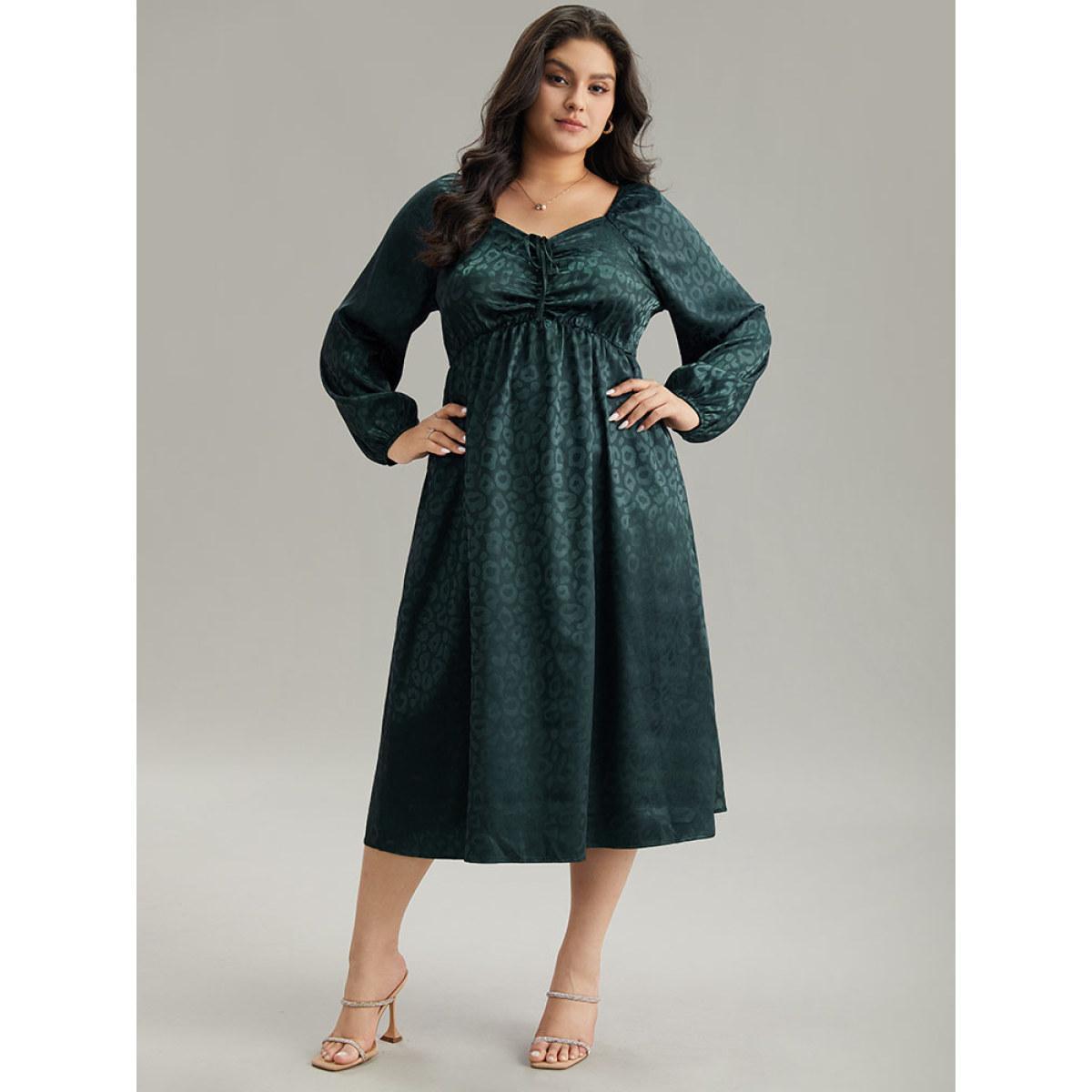Plus Size Leopard Square Neck Elastic Waist Ties Dress Cyan Women Glamour Elastic cuffs Square Neck Long Sleeve Curvy Midi Dress BloomChic 22-24/3X Product Image