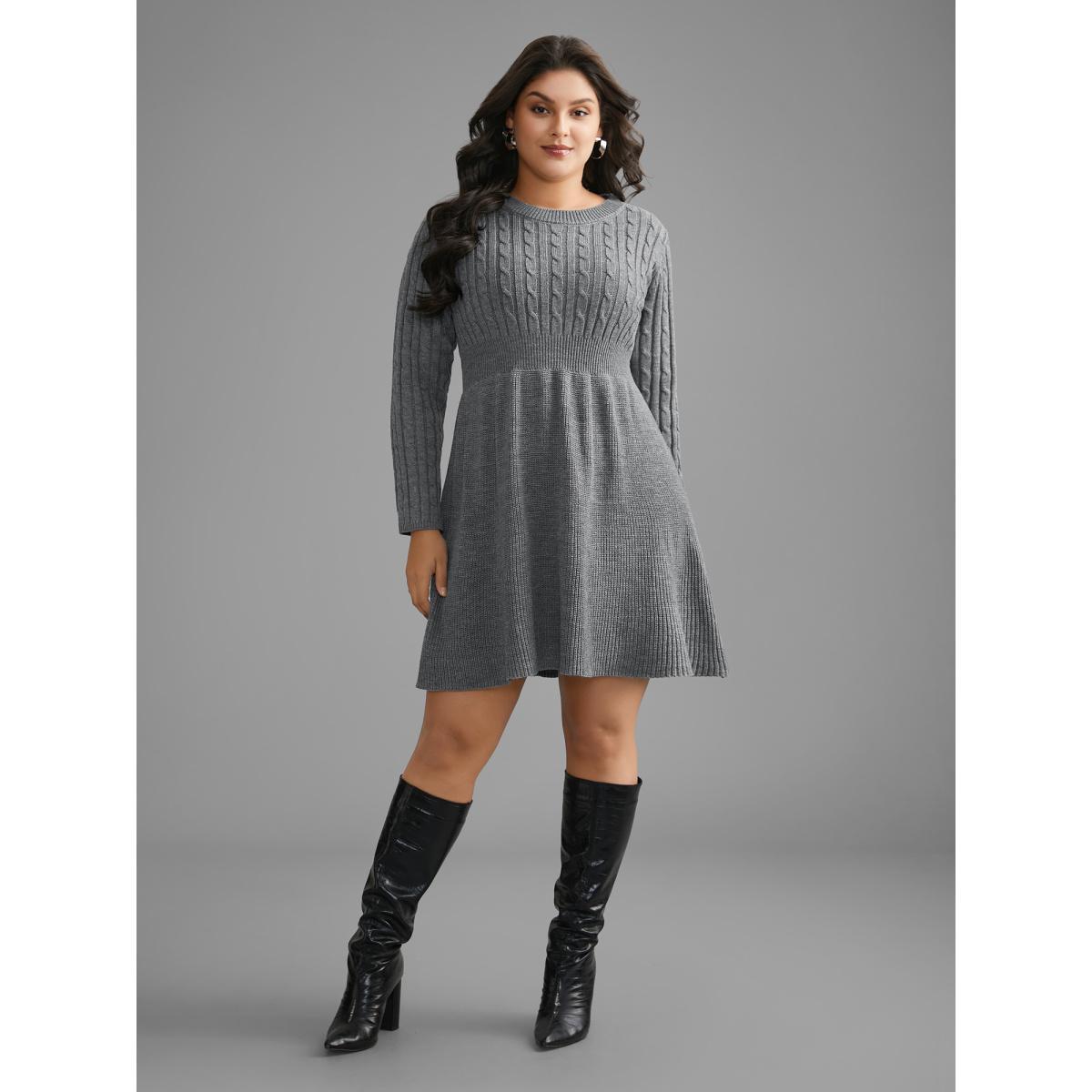 Plus Size Cable Knit Fit-and-Flare Midi Sweater Dress DarkGray Women Elegant Bodycon Long Sleeve Everyday Sweater Dresses BloomChic 22-24/3X Product Image