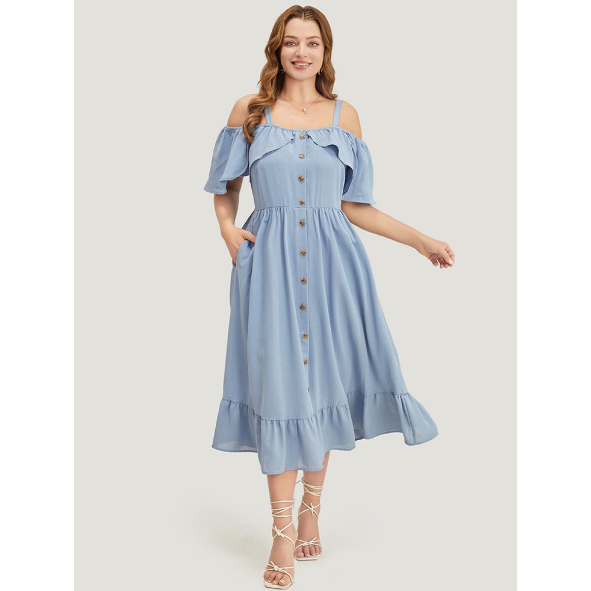 Plus Size Plain Ruffle Trim Pocket Cold Shoulder Button Detail Dress Stone Women Vacation Adjustable Straps One-shoulder neck Short sleeve Curvy Midi Dress BloomChic 12/L Product Image