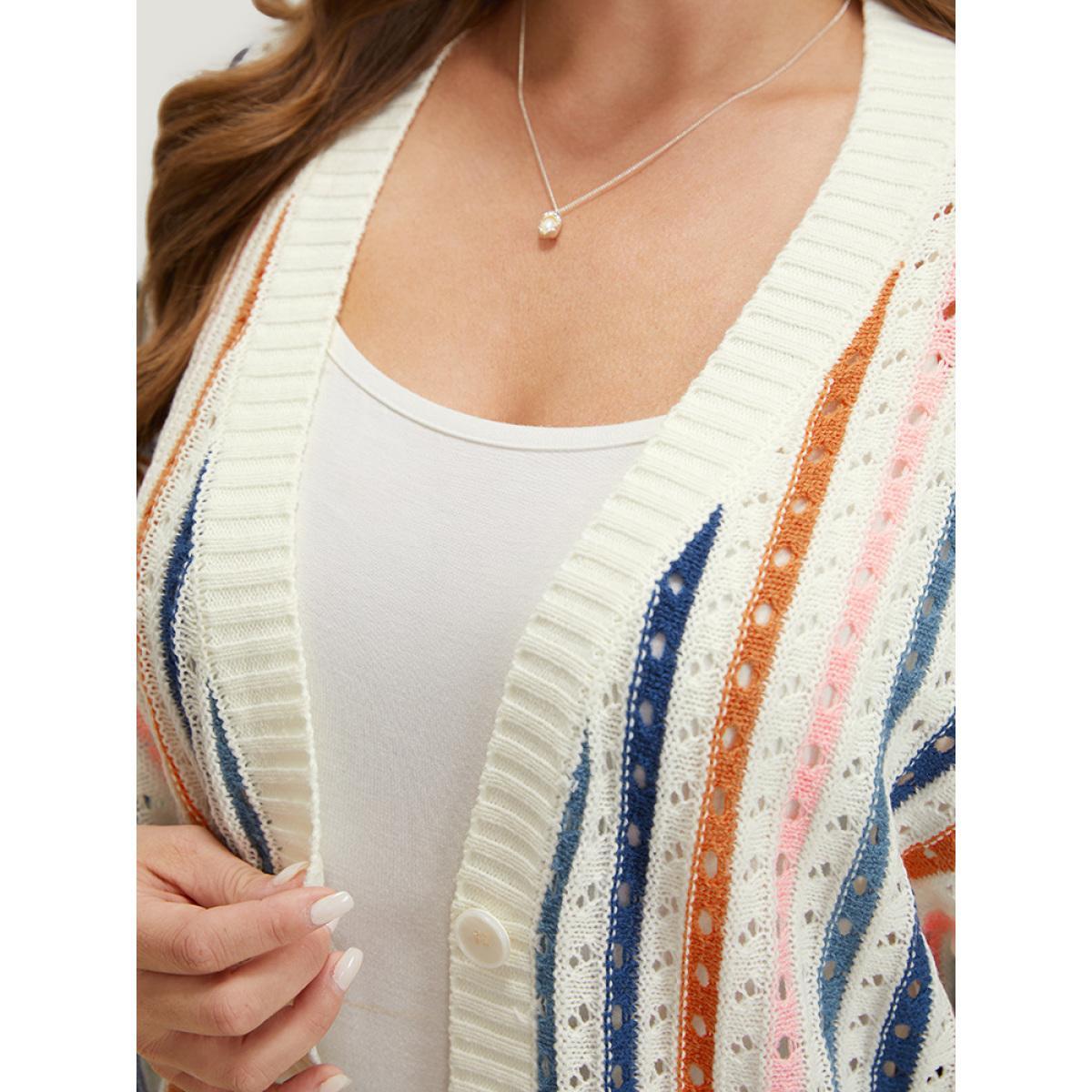 Plus Size Rainbow Striped Button Through Eyelet Cardigan Multicolor Women Casual Loose Long Sleeve Dailywear Cardigans BloomChic 18-20/2X Product Image