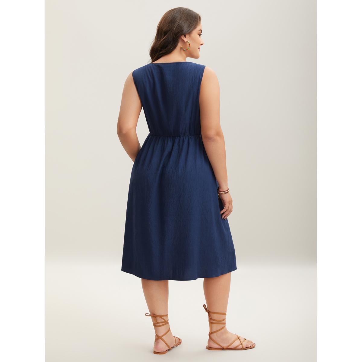 Plus Size Imitation Embroidery Woven Sleeveless Midi Dress Navy Women Asymmetrical Neck Sleeveless Curvy BloomChic 10/M Product Image