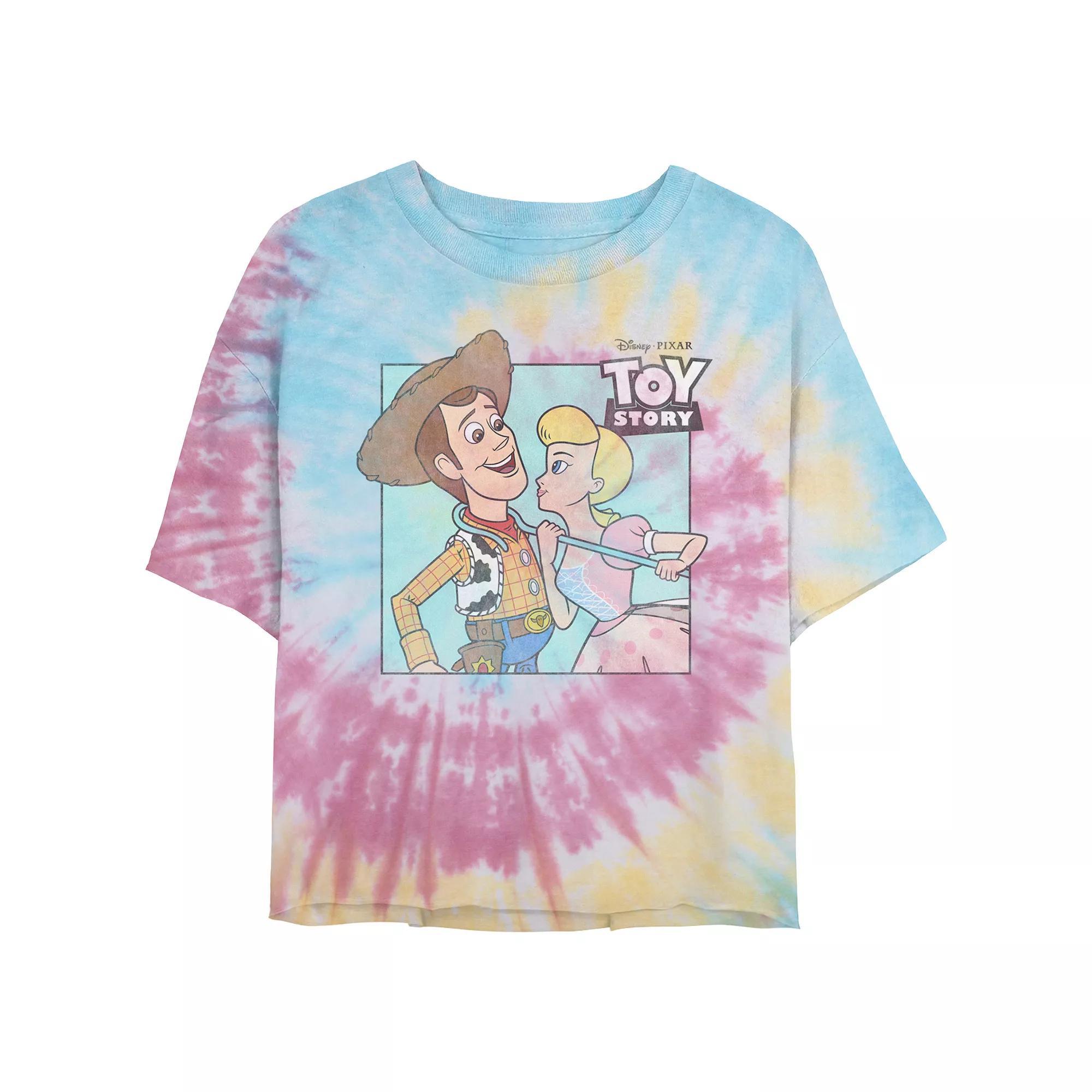 Disney / Pixar's Toy Story Woody And Bo Peep About To Kiss Juniors' Cropped Tie Dye Graphic Tee, Women's, Size: Large, Blue Pink Light Yellow Product Image