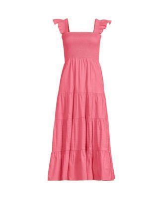 Women's Lands' End Cotton Dobby Smocked Ruffle Shoulder Midi Dress, Size: Large, White Product Image