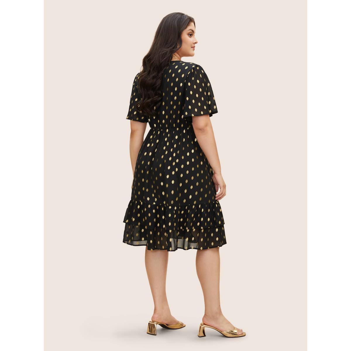 Plus Size Glitter Polka Dot Patchwork Ruffles Dress Black Women Cocktail See through Round Neck Short sleeve Curvy BloomChic 12/L Product Image