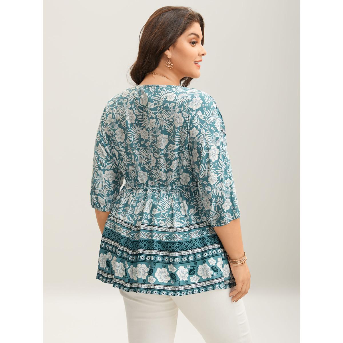 Plus Size Mint Floral Print Surplice Neck Waist-Cinched Shirt Women Resort Elbow-length sleeve Overlap Collar Vacation Blouses BloomChic 22-24/3X Product Image