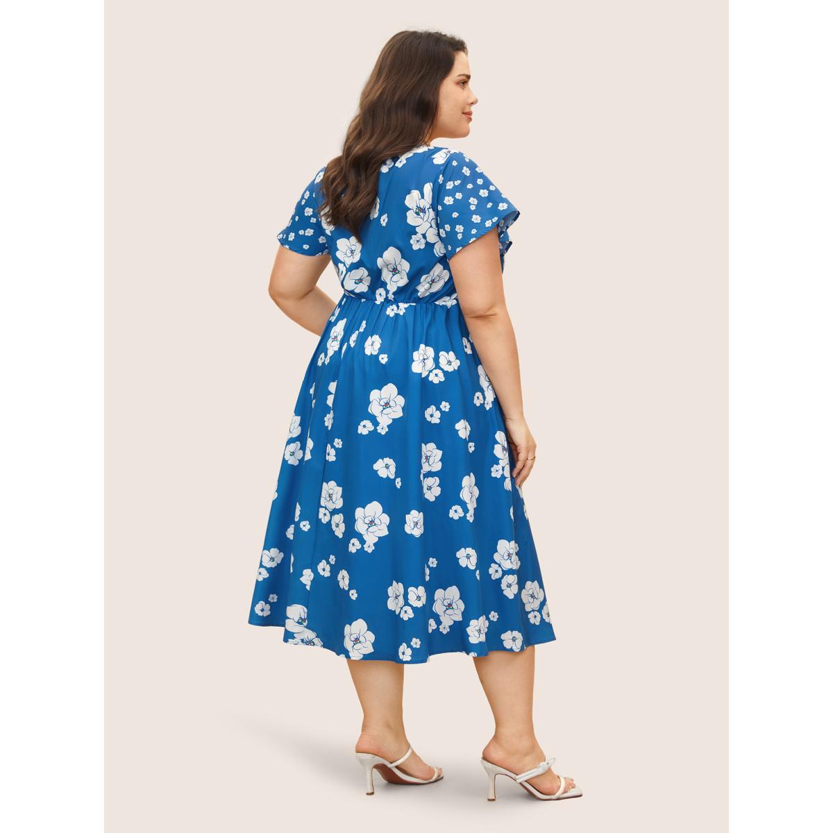 Plus Size Square Neck Natural Flowers Ruffle Sleeve Dress Blue Women Elegant Button Square Neck Short sleeve Curvy BloomChic 14-16/1X Product Image