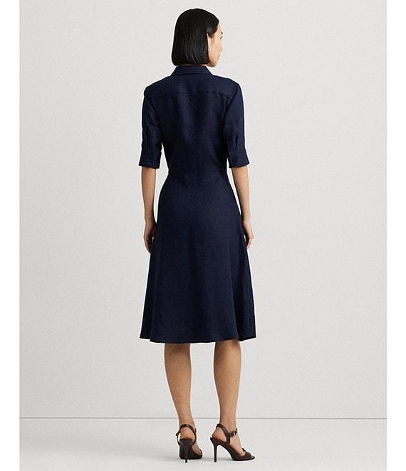 Lauren Ralph Lauren Linen Point Collar Elbow Sleeve Button Front Self Tie Fit-And-Flare Shirt Midi Dress Product Image