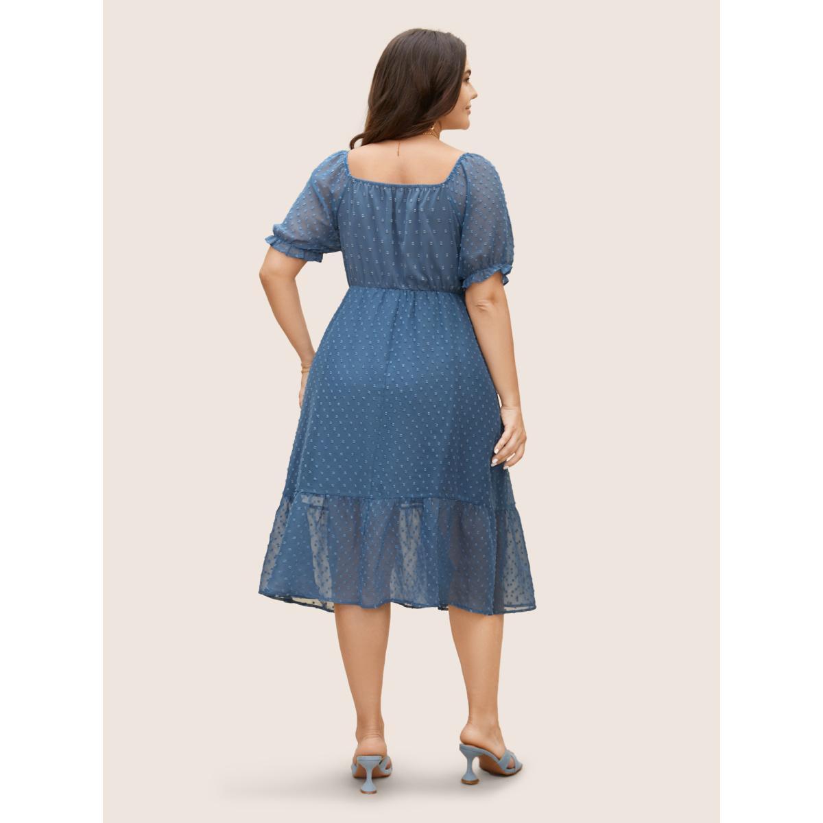 Plus Size Polka Dot Textured Mesh Shirred Drawstring Dress Stone Women Elegant Texture V-neck Short sleeve Curvy BloomChic 28/5X Product Image