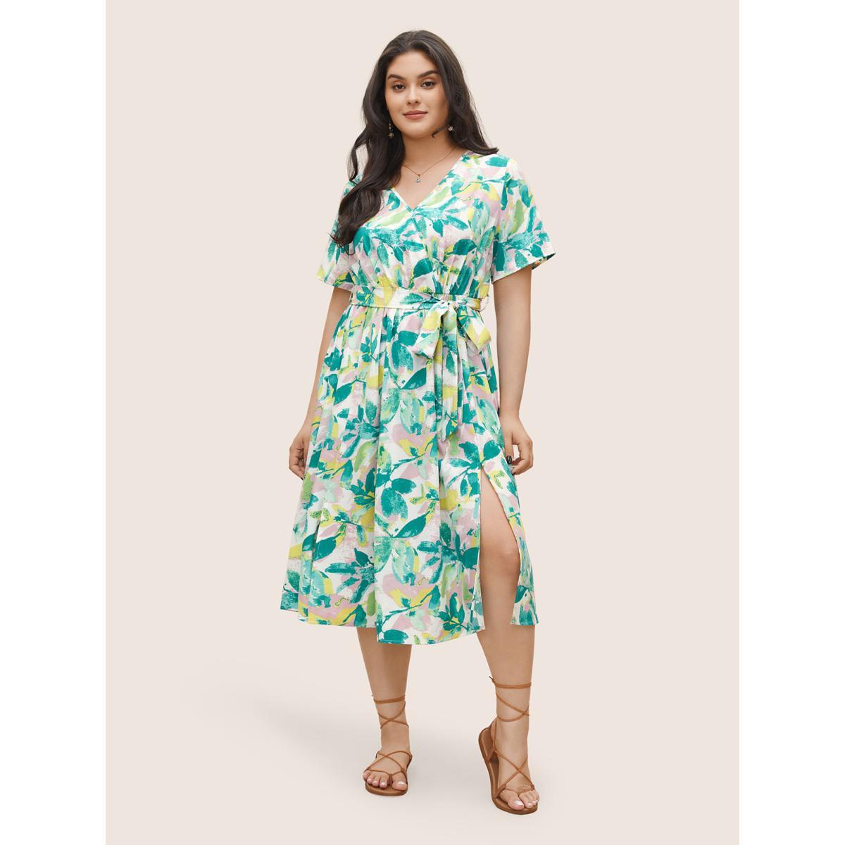 Plus Size Overlap Collar Plants Print Elastic Waist Belted Dress Emerald Women Resort Non Overlap Collar Short sleeve Curvy Midi Dress BloomChic 22-24/3X Product Image