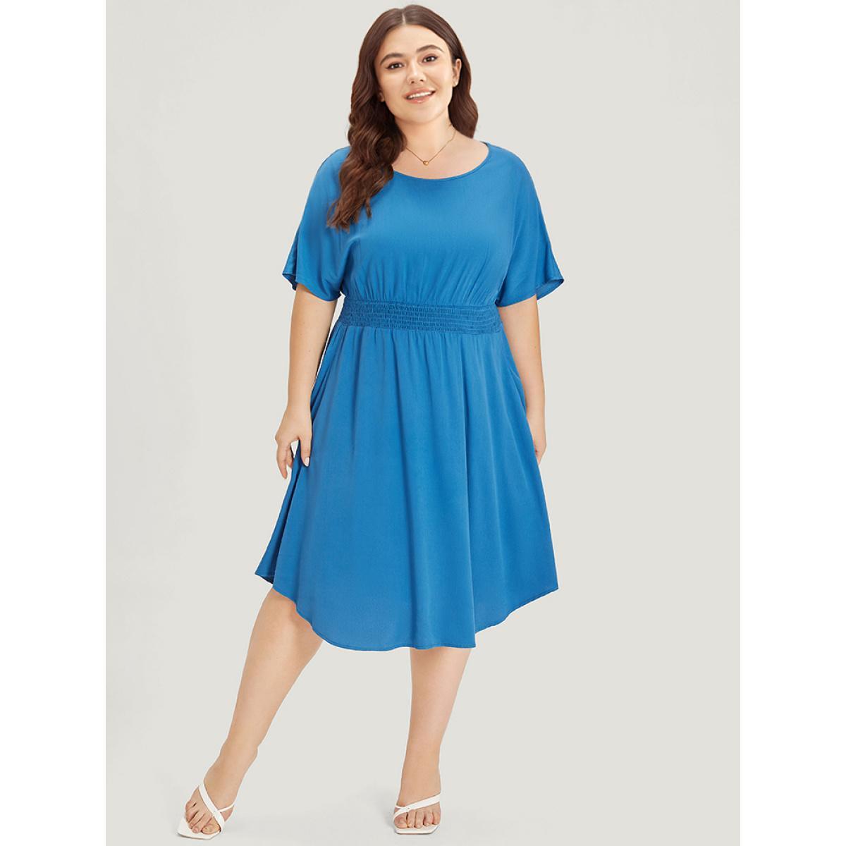 Plus Size Supersoft Essentials Plain Shirred Pocket Batwing Sleeve Dress Cerulean Women Office Plain Round Neck Half Sleeve Curvy Knee Dress BloomChic 30/6X Product Image