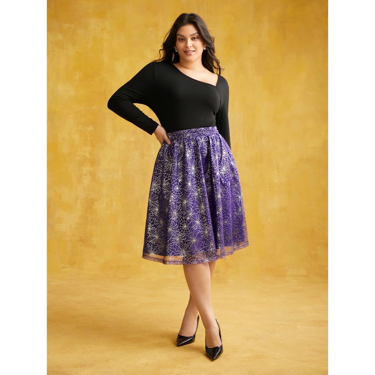 Plus Size Spiderweb Printed A-line Skirt Women BlueViolet Cocktail See through No stretch Side seam pocket Party Skirts BloomChic 28/5X Product Image