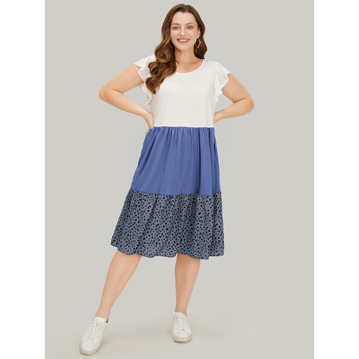 Plus Size Leopard Contrast Ruffle Trim Pocket Layered Hem Dress Stone Women Casual Patchwork Round Neck Cap Sleeve Curvy Midi Dress BloomChic 12/L Product Image