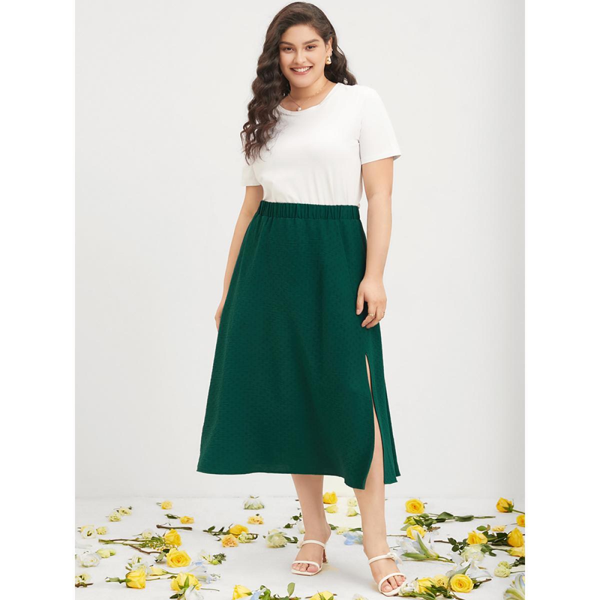 Plus Size Plain Textured Elastic Waist Pocket Split Hem Skirt Women DarkGreen Elegant Elastic Waist Loose No stretch Pocket Dailywear Skirts BloomChic 10/M Product Image