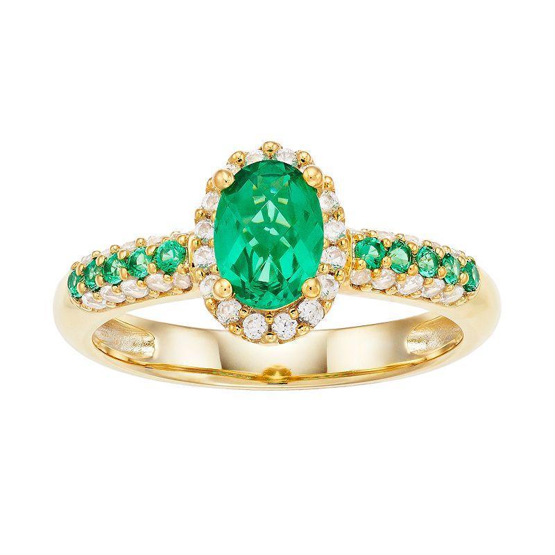 14K Gold Over Silver Lab Created Emerald Lab Created White Sapphire Oval Halo Ring, Women's, Size: 7, Gold Tone Product Image