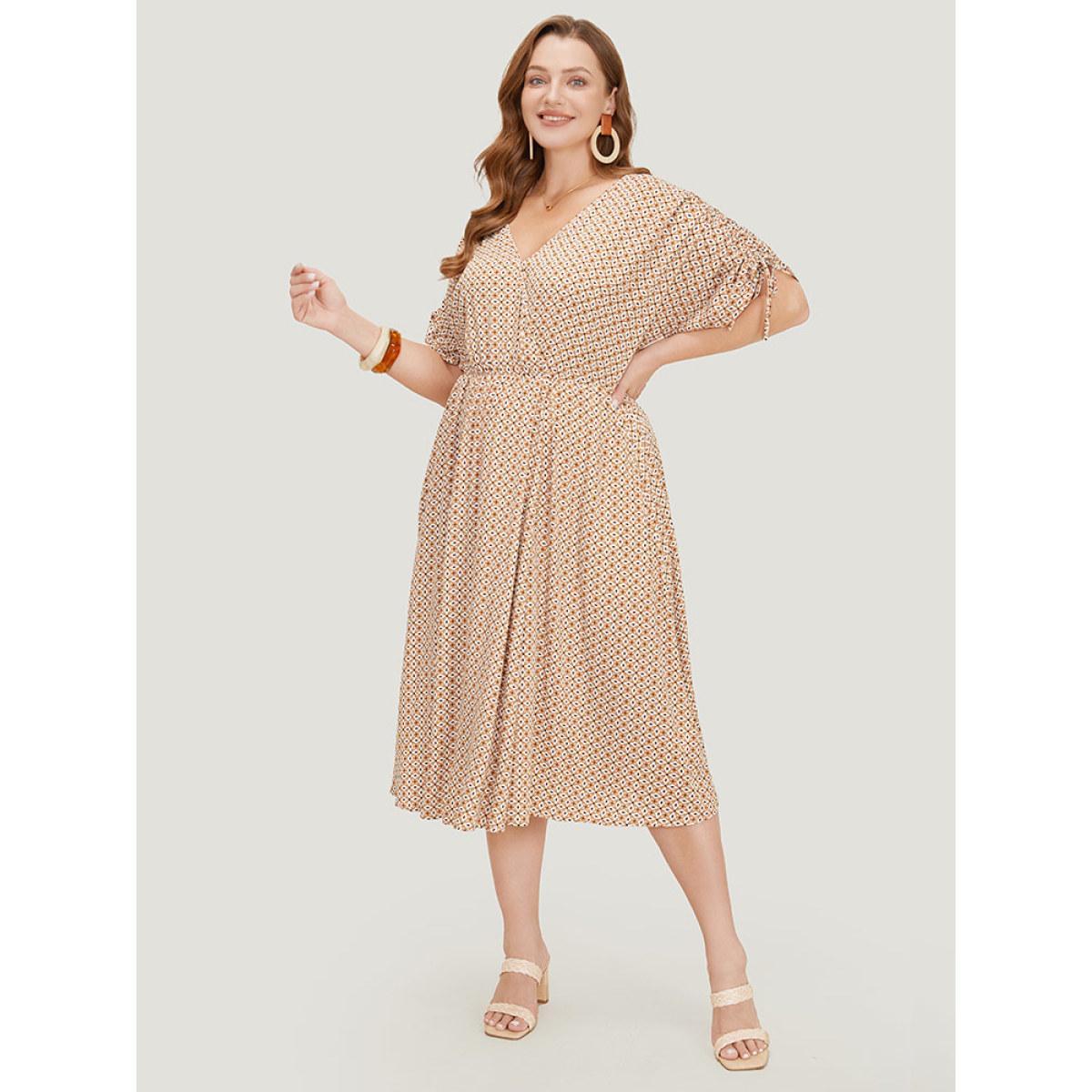 Plus Size Bandana Print Ruffles Pocket Wrap Drawstring Sleeve Dress LightBrown Women Vacation Wrap V-neck Short sleeve Curvy Midi Dress BloomChic 10/M Product Image