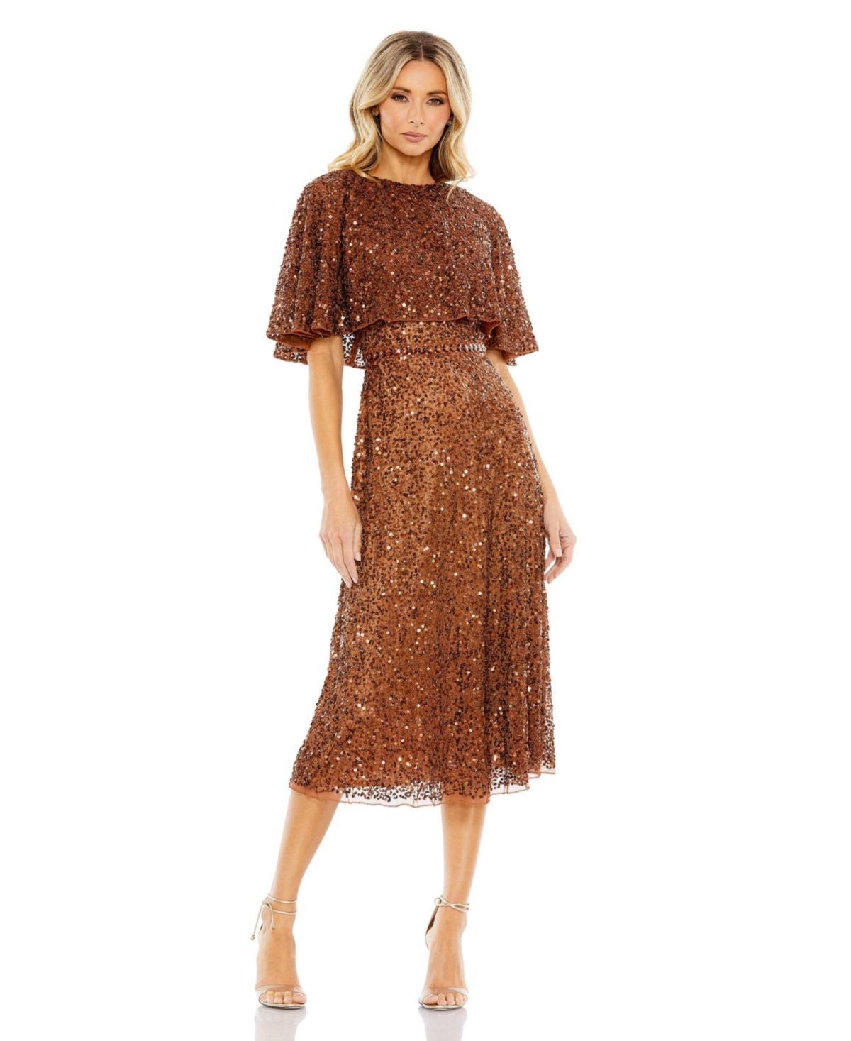 Mac Duggal Sequin Crew Neck Short Sleeve Cape Back Midi Dress Product Image