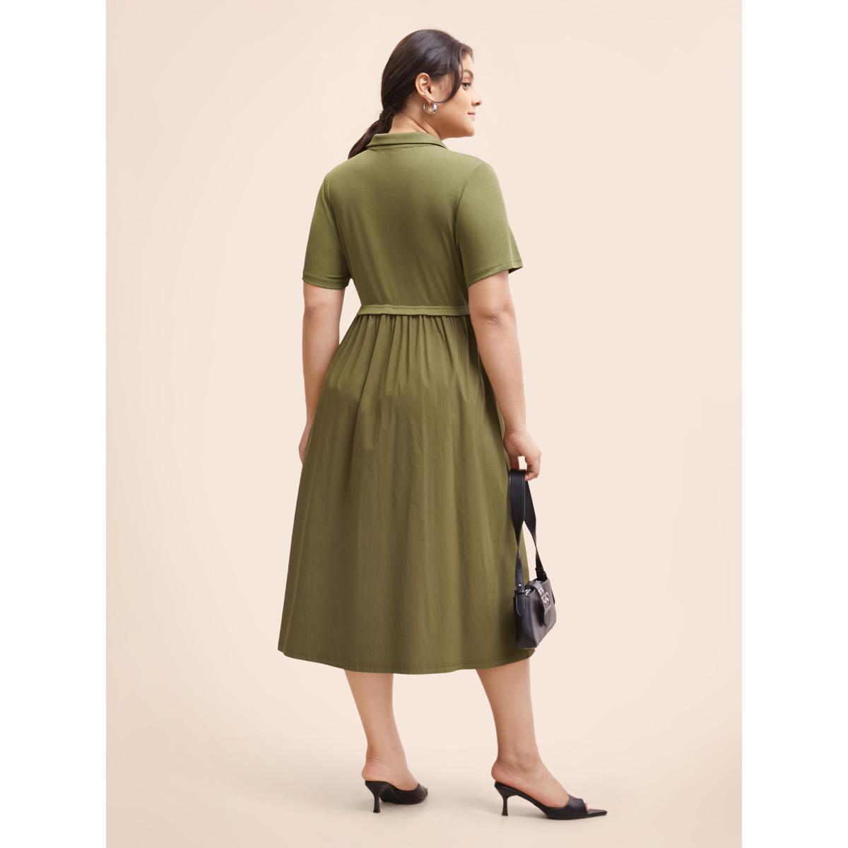 Plus Size Stretch Woven Waist-Cinching Midi Dress Olive Women Work From Home Patchwork Shirt collar Short sleeve Curvy BloomChic 26/4X Product Image