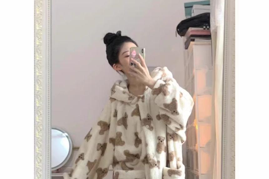Bear Print Hooded Pajama Robe Product Image