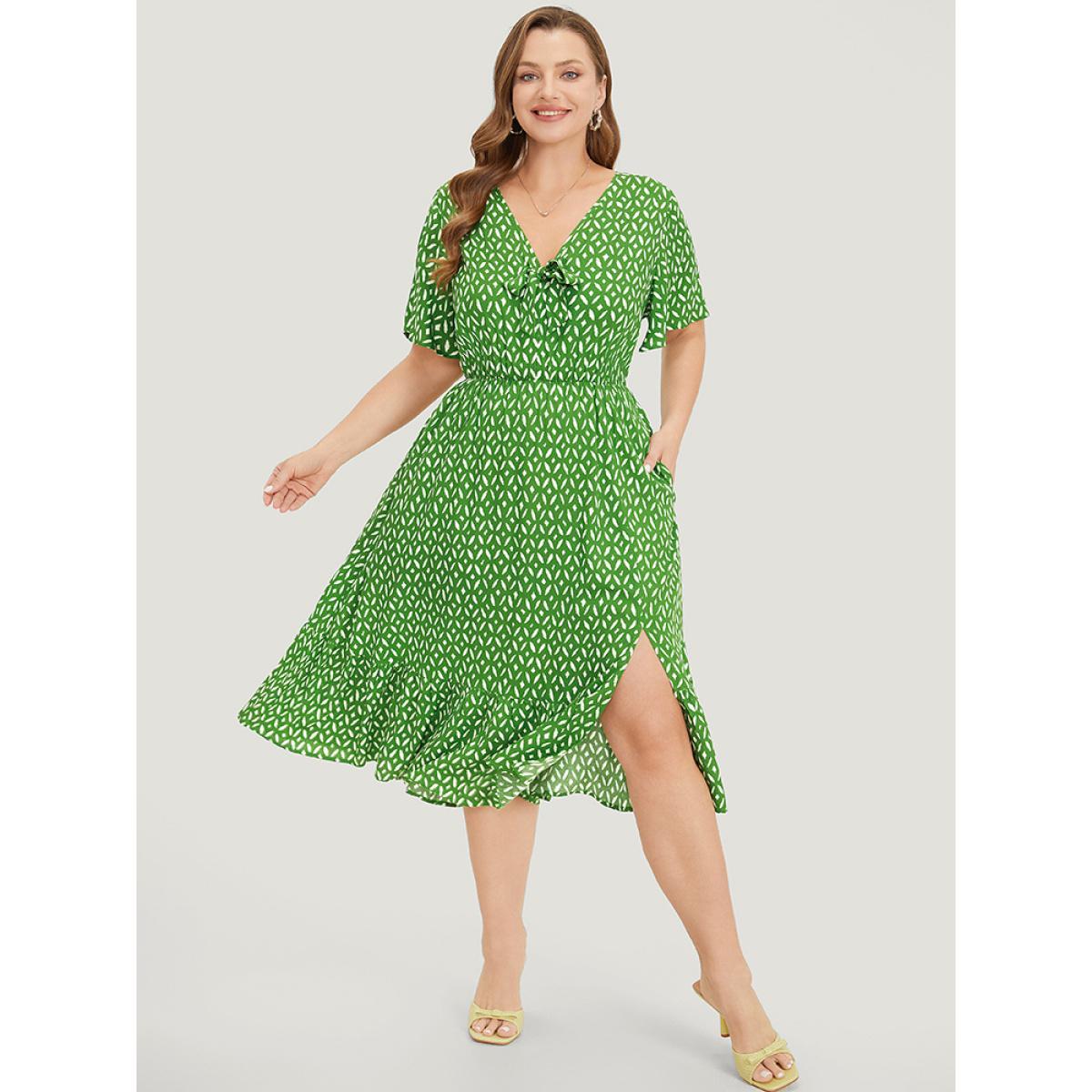 Plus Size Geometric Print Split Knot Reffles Elastic Waist Dress Green Women Elegant Knotted V-neck Short sleeve Curvy Midi Dress BloomChic 28/5X Product Image