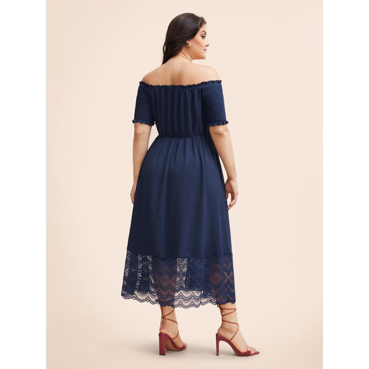 Plus Size Off Shoulder Shirred Lace Patchwork Dress Indigo Women Elegant Woven ribbon&lace trim One-shoulder neck Short sleeve Curvy BloomChic 14-16/1X Product Image