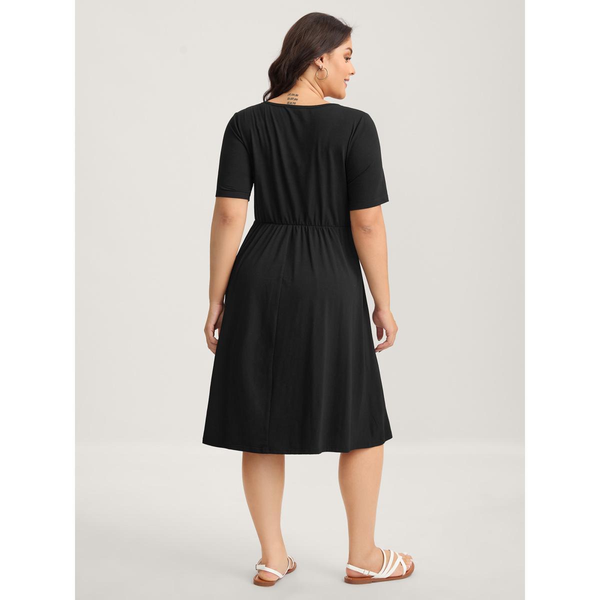 Plus Size Overlap Bodice Solid Knit Pockets Midi Dress Black Women Overlap Collar Short sleeve Curvy BloomChic 12/L Product Image