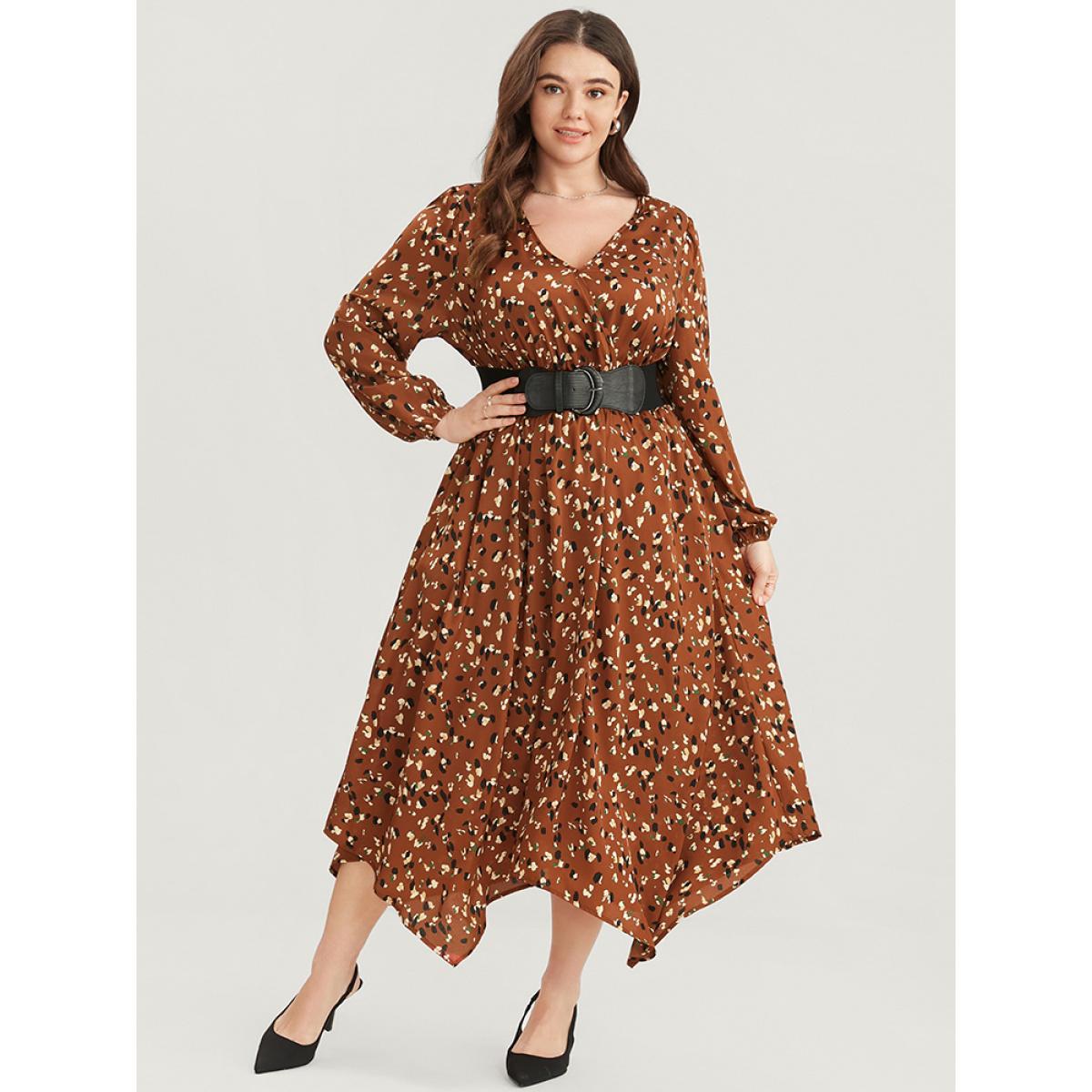Plus Size Allover Print Shirred Pocket Surplice Neck Hanky Hem Dress Chocolate Women Elegant Asymmetrical V-neck Long Sleeve Curvy Midi Dress BloomChic 26/4X Product Image
