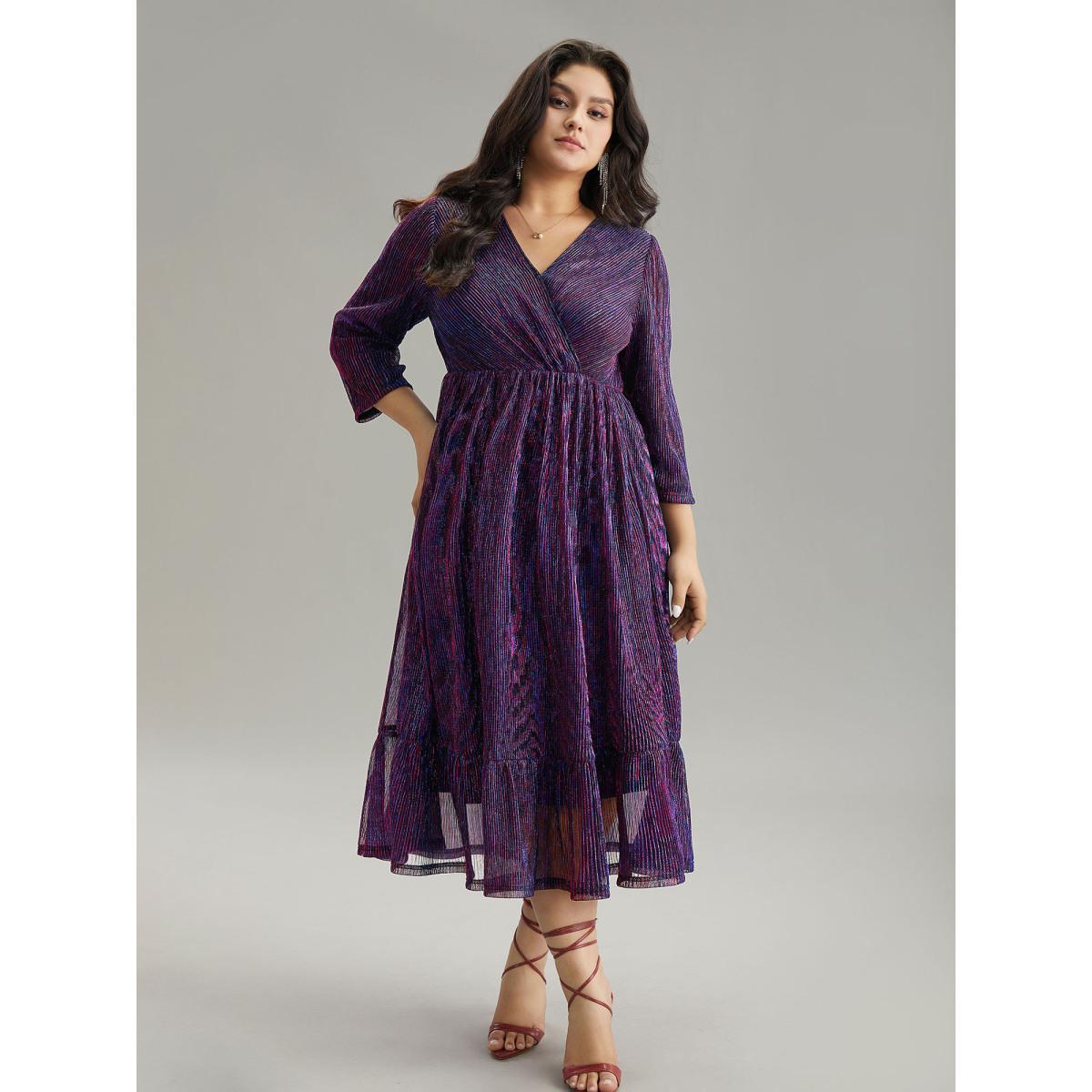 Plus Size Luxe Mesh Pleated Elastic Waist Wrap Dress Blackcurrant Women Party Texture Overlap Collar Elbow-length sleeve Curvy Midi Dress BloomChic 30/6X Product Image