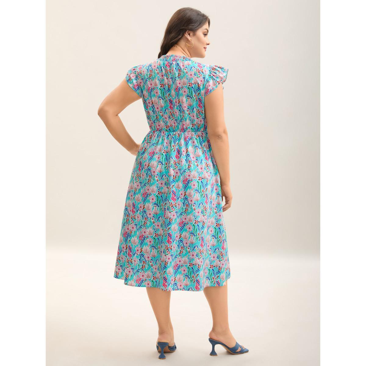 Plus Size Floral Print Shirred Pockets Midi Dress Arctic Women Elegant Frill Trim Mock Neck Cap Sleeve Curvy BloomChic 14-16/1X Product Image