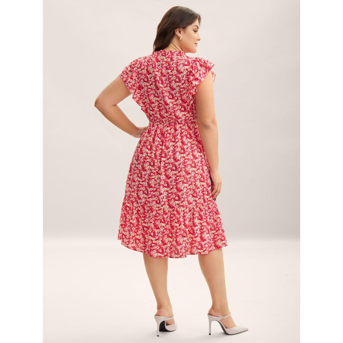 Plus Size Ruffled Neck Floral Print Tiered Midi Dress Peach Women Round Neck Cap Sleeve Curvy BloomChic 18-20/2X Product Image
