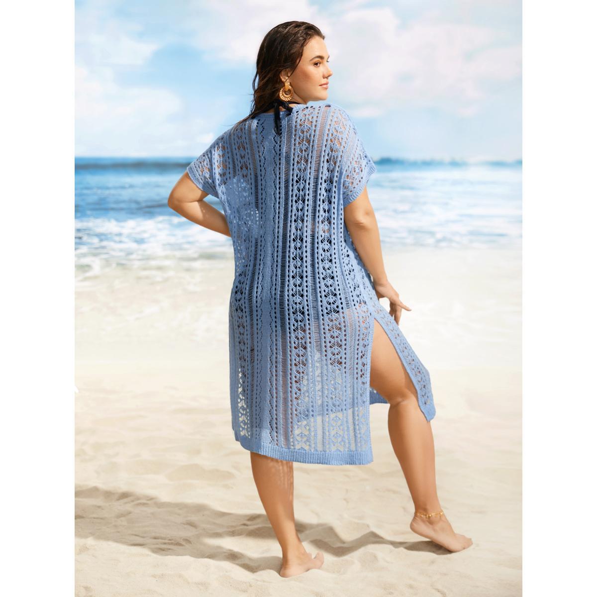 Plus Size Deep V Neck Pointelle Knit Dolman Sleeve Swim Cover Up Women's Swimwear LightBlue Beach Loose Texture Curve Swim Cover Ups BloomChic 12/L Product Image
