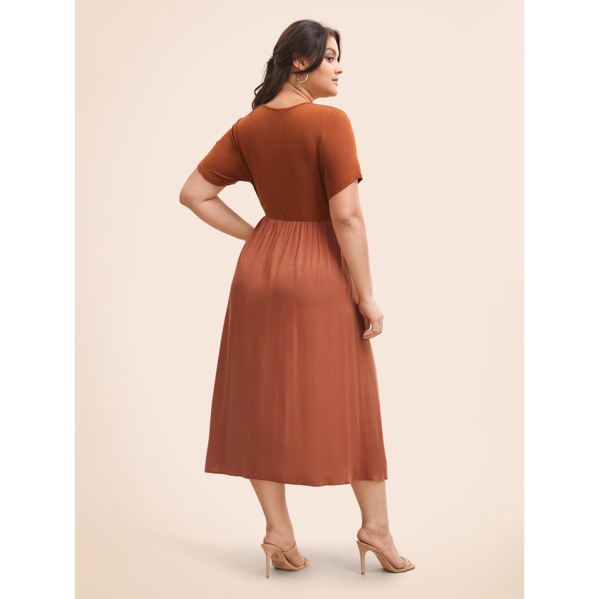 Plus Size U Neck Patchwork Midi Dress Maroon Women Elegant Patchwork U-neck Short sleeve Curvy BloomChic 14-16/1X Product Image