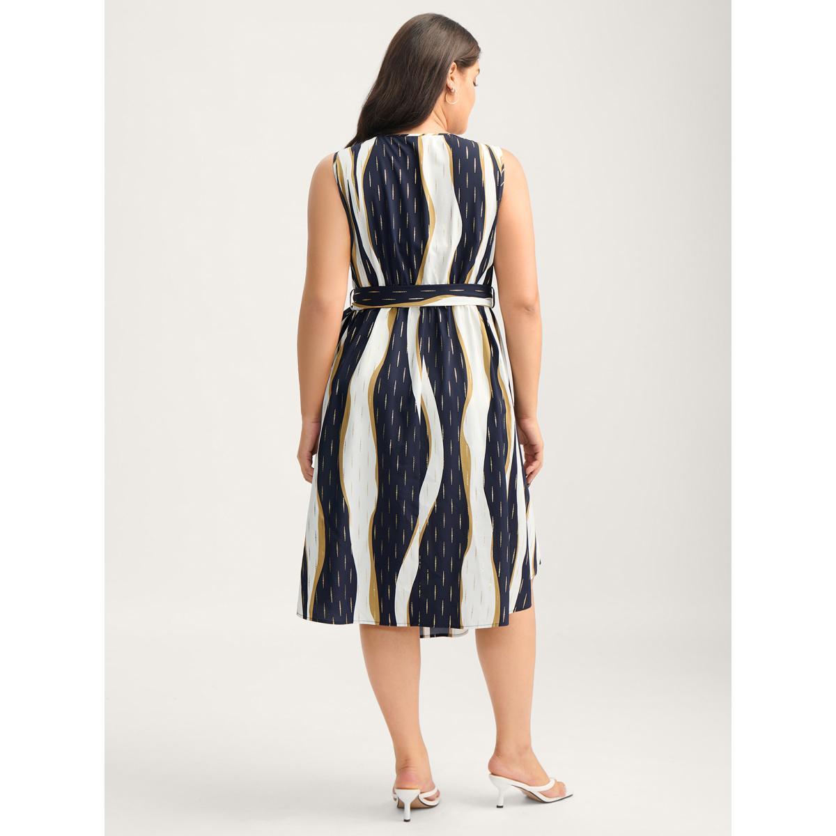 Plus Size Gold Stamp Wavy Striped Lined Midi Dress Navy Women V-neck Sleeveless Curvy BloomChic 14-16/1X Product Image