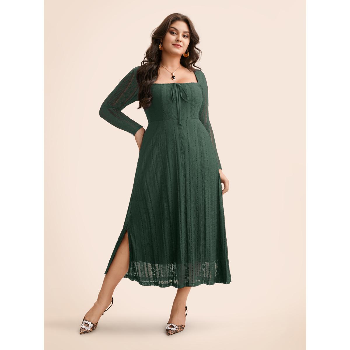Plus Size Lace Panel Square Neck Tie Knot Dress DarkGreen Women Elegant Tie knot Square Neck Long Sleeve Curvy BloomChic 28/5X Product Image