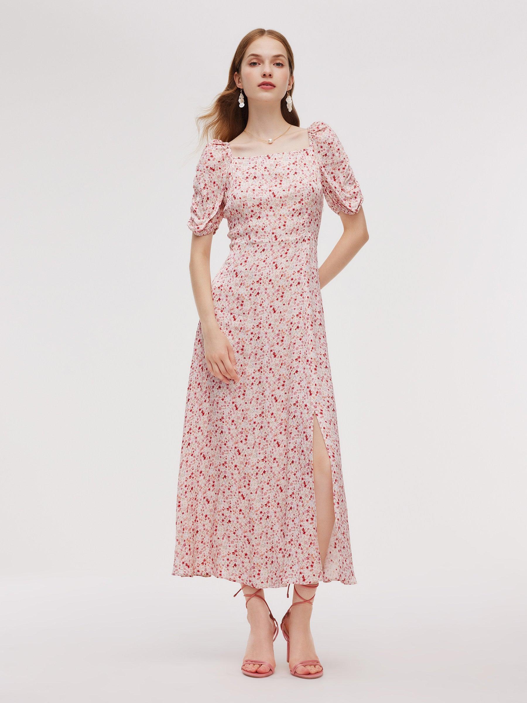 Floral Print Side Slit Women Ruched Sleeve Maxi Dress Product Image