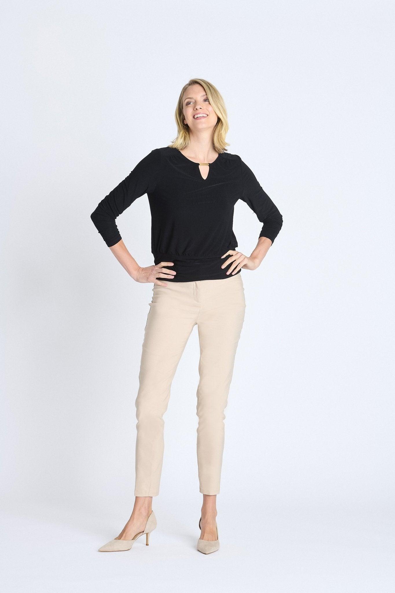 V-Neck Bar Trim Banded Top, Black Product Image