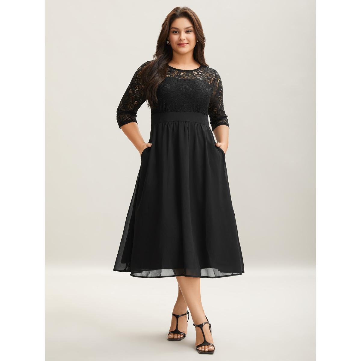 Plus Size Lace Patchwork Shirred Midi Pocket Dress Black Women Cocktail Woven ribbon&lace trim Round Neck Elbow-length sleeve Curvy BloomChic 22-24/3X Product Image