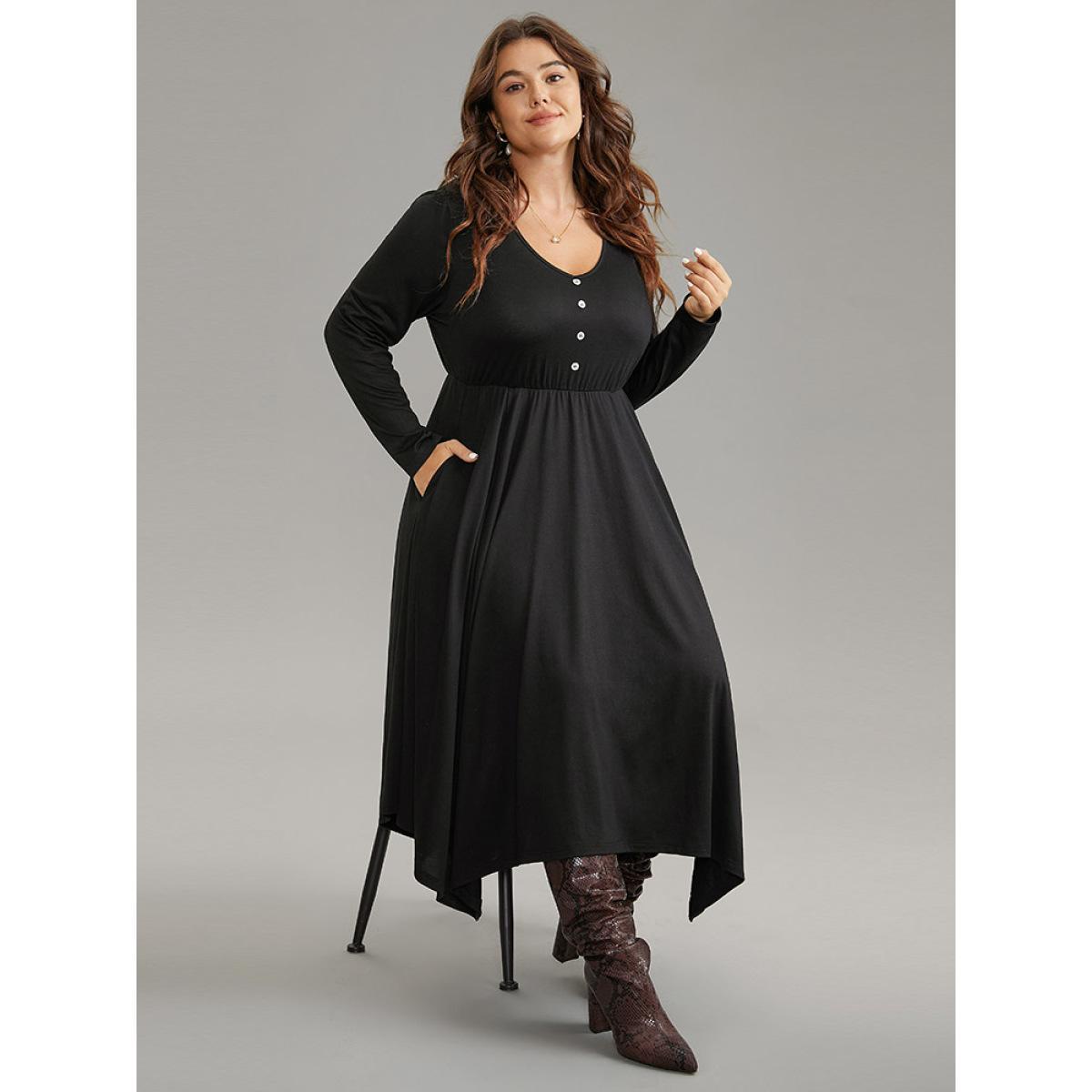 Plus Size Supersoft Essentials Button Detail Hanky Hem Scoop Neck Dress Black Women Office Gathered Scoop Neck Long Sleeve Curvy Midi Dress BloomChic 26/4X Product Image