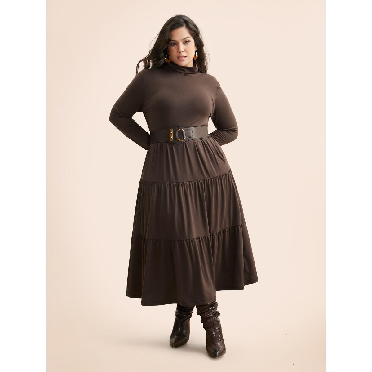 Plus Size Supersoft Essentials Funnel Neck Tiered Midi Dress DarkBrown Women Casual Ruffles Mock Neck Long Sleeve Curvy BloomChic 18-20/2X Product Image