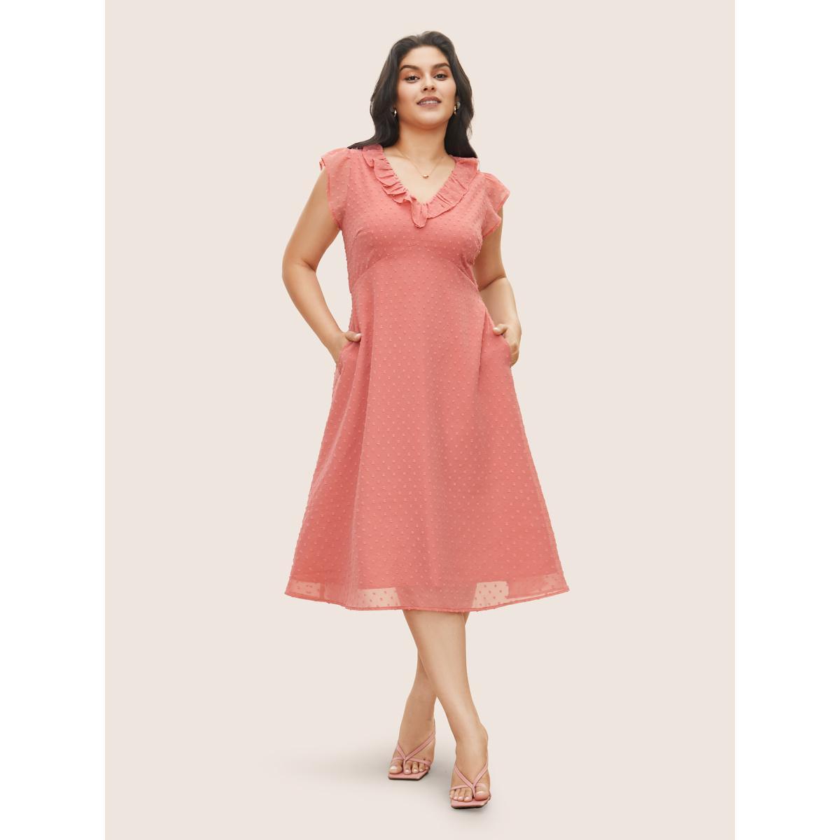 Plus Size Chiffon Plisse Ruffle Cap Sleeve Dress Watermelon Women Elegant Texture V-neck Cap Sleeve Curvy Midi Dress BloomChic 22-24/3X Product Image