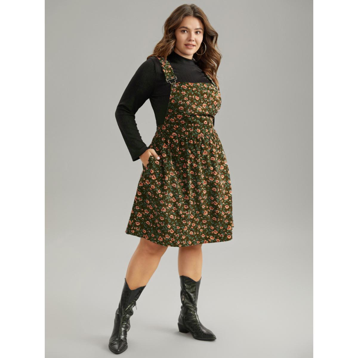 Plus Size Corduroy Ditsy Floral Pocket Adjustable Straps Dress Bronze Women Casual Adjustable Straps Spaghetti Strap Sleeveless Curvy Knee Dress BloomChic 26/4X Product Image