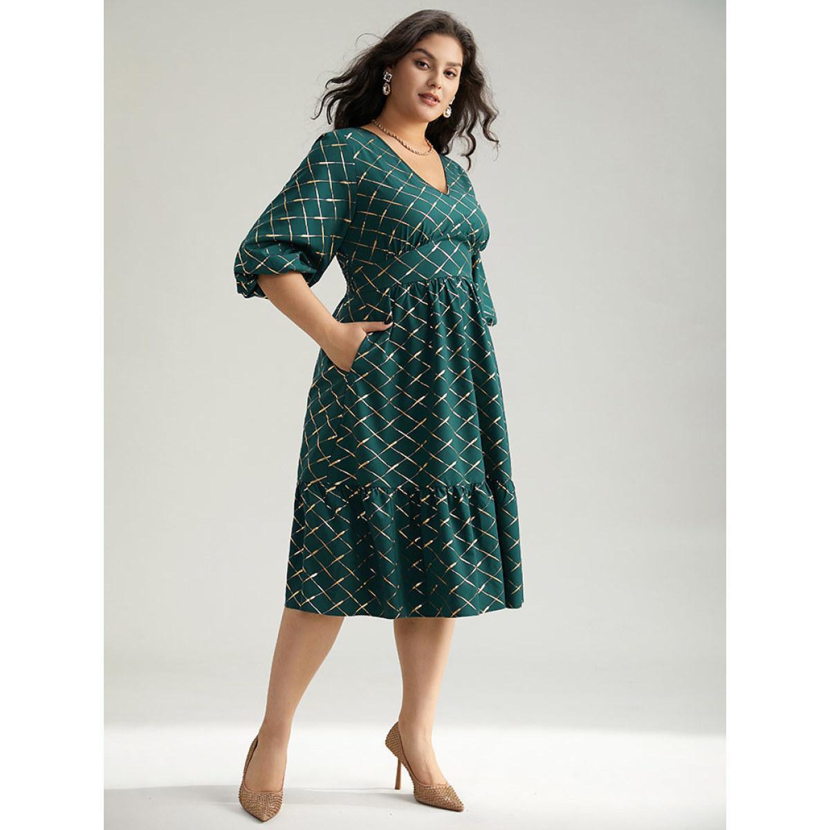 Plus Size Glitter Plaid Lantern Sleeve Ruffle Hem Dress DarkGreen Women Party Elastic cuffs V-neck Elbow-length sleeve Curvy Midi Dress BloomChic 28/5X Product Image