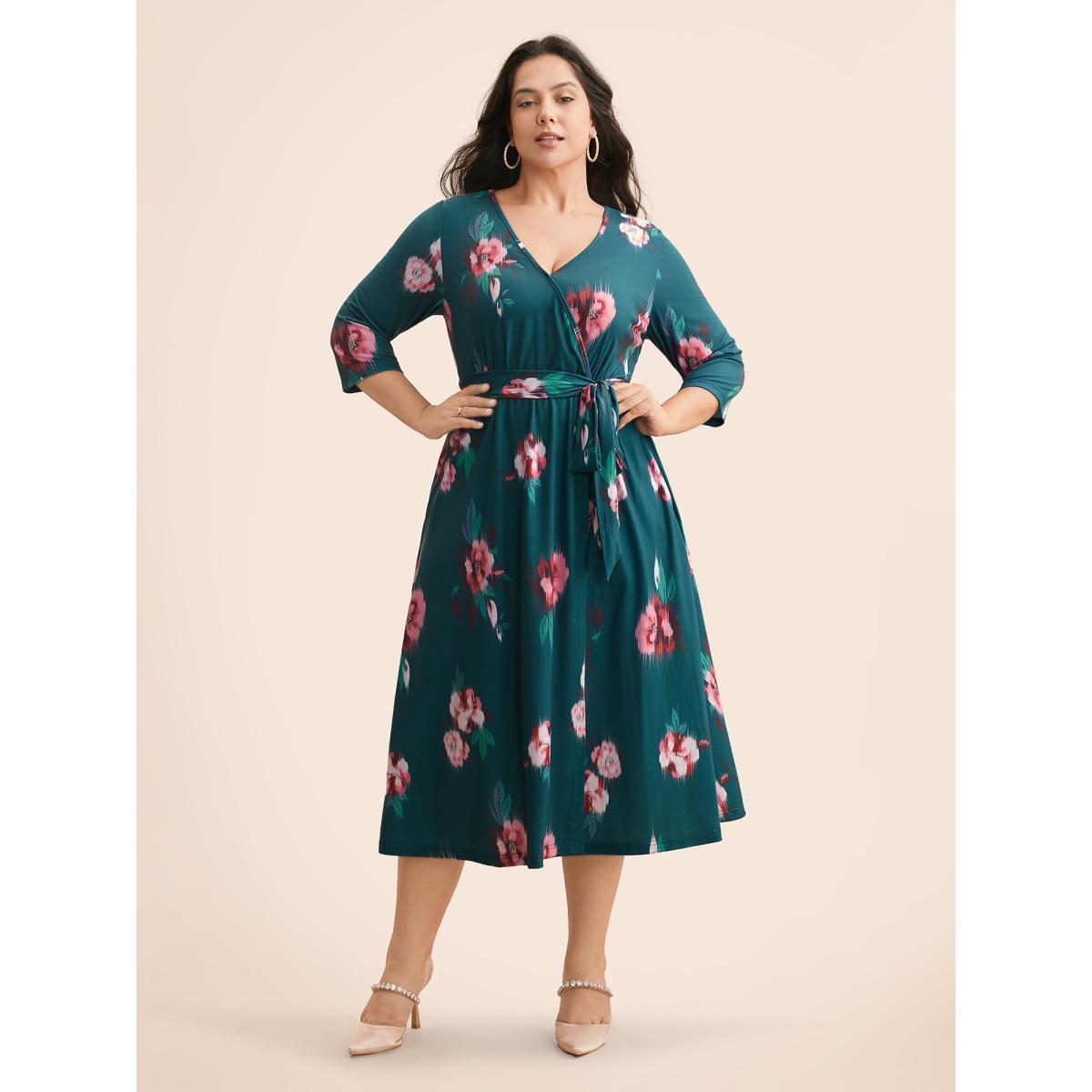 Plus Size Overlap Collar Floral Midi Dress Emerald Women Elegant Belted Overlap Collar Elbow-length sleeve Curvy BloomChic 14-16/1X Product Image