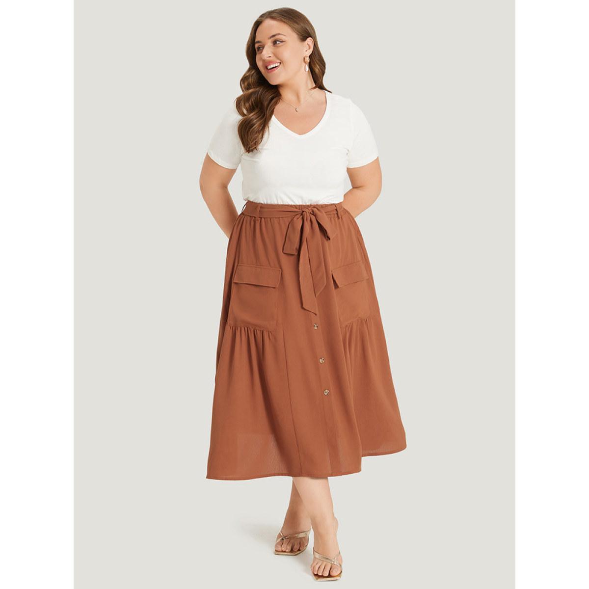 Plus Size Contrast Button Detail Flap Pocket Gathered Skirt Women OrangeRed Elegant Belted No stretch Pocket Dailywear Skirts BloomChic 30/6X Product Image
