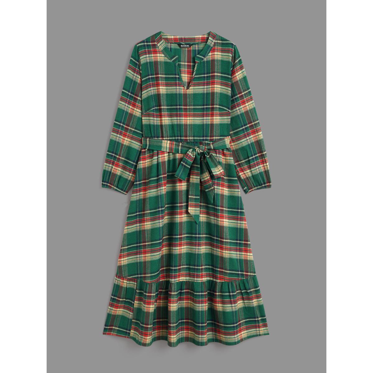 Plus Size Festive Notched Collar Plaid Dress Truegreen Women Elegant Belted Flat collar with V-notch Long Sleeve Curvy BloomChic 22-24/3X Product Image